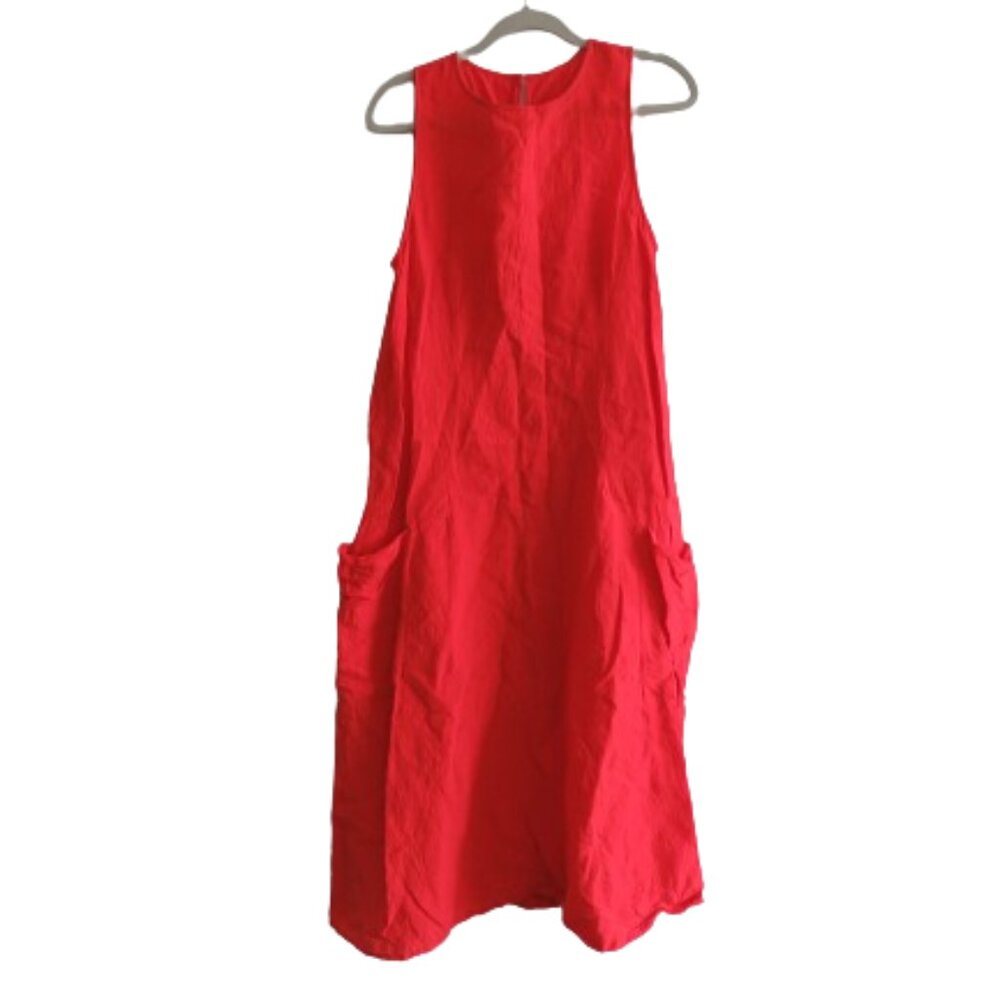 APUNTOB Red Oversized Gauzy Lagenlook Sleeveless Linen Blend Midi Pocket Dress